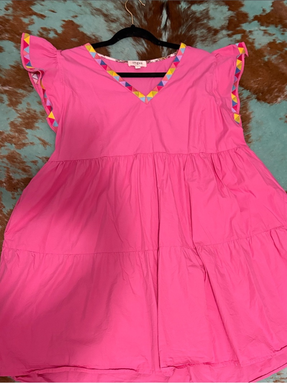 Umgee Hot Pink Tiered Dress with Colorful Triangle Trim